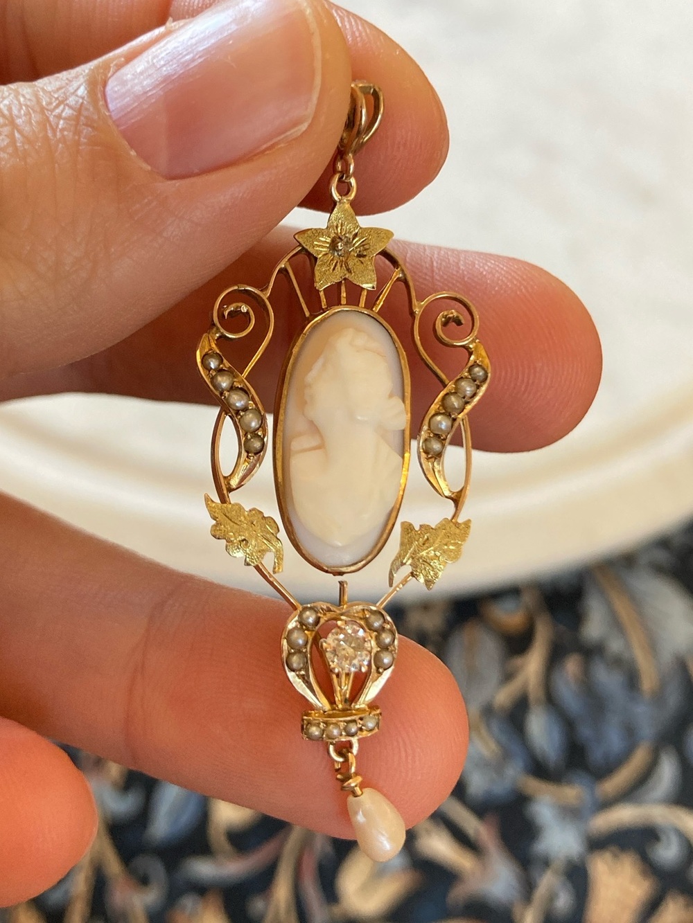 Antique Victorian 10K Diamond Seed Pearl Carved Coral Left-Facing Cameo Pendant